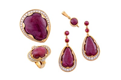 Lot 75 - A ruby and diamond ring, brooch, earrings and pendant necklace suite