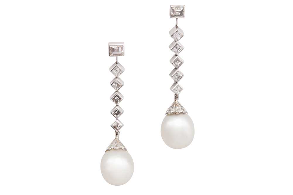 Lot 100 - A pair of cultured pearl and diamond pendent earrings