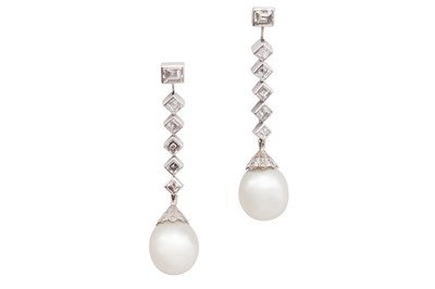 Lot 100 - A pair of cultured pearl and diamond pendent earrings
