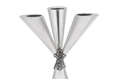 Lot 341 - A pair of Elizabeth II modernist sterling silver candelabra, London 1973 by George Grant McDonald, retailed by Asprey’s