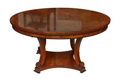 Lot 877 - A CIRCULAR BURR WOOD AND BANDED AND LINE INLAID DINING TABLE, LATE 20TH CENTURY