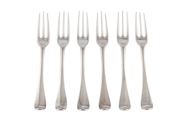 Lot 240 - A SET OF SIX GEORGE I BRITANNIA STANDARD SILVER TABLE FORKS, LONDON 1720 BY PAUL HANET (REG. 7TH MARCH 1716)