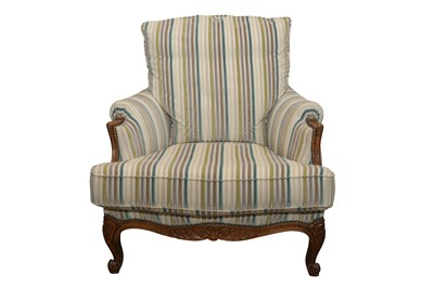 Lot 144 - A FRENCH LOUIS XV STYLE CARVED BEECH BERGERE ARMCHAIR, 20TH CENTURY