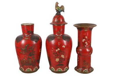 Lot 414 - A GARNITURE OF RED LACQUER CHINOISERIE VASES, IN THE GEORGE II TASTE, 20TH CENTURY