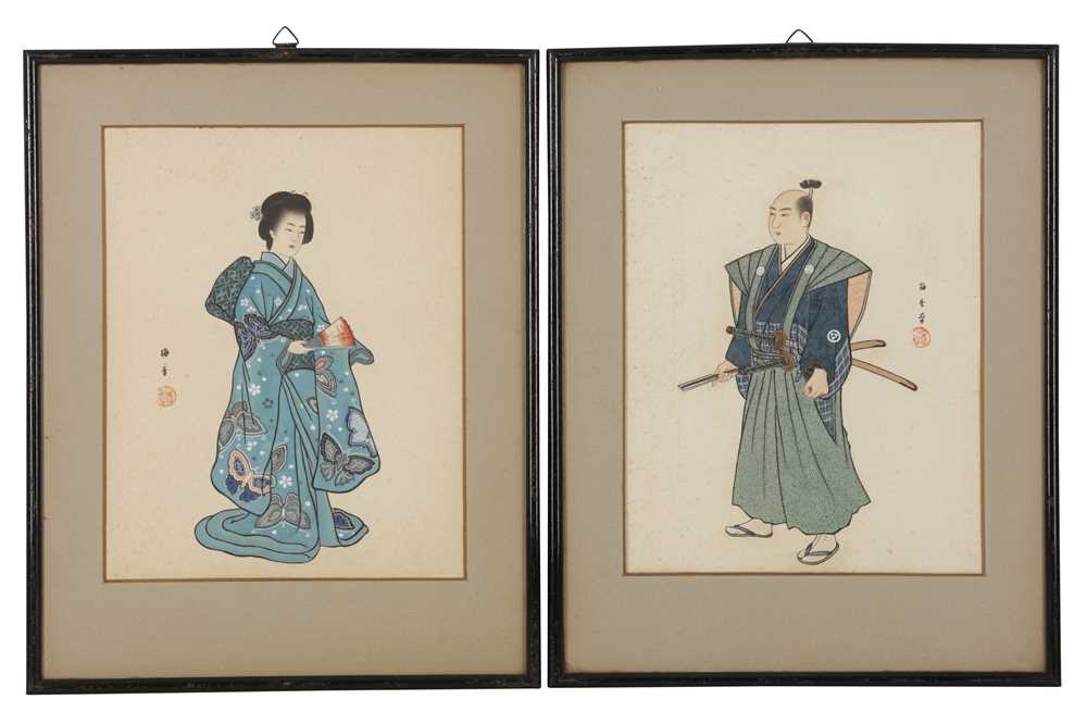 Lot 1127 - TWO JAPANESE PAINTINGS OF A SAMURAI AND A GEISHA, 20TH CENTURY