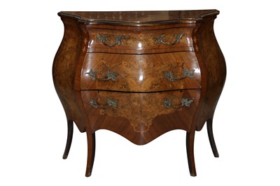 Lot 619 - A FRENCH TASTE WALNUT AND MAHOGANY BOMBE COMMODE, IN THE LOUIS XV STYLE, 20TH CENTURY