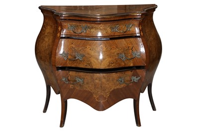 Lot 619 - A FRENCH TASTE WALNUT AND MAHOGANY BOMBE COMMODE, IN THE LOUIS XV STYLE, 20TH CENTURY