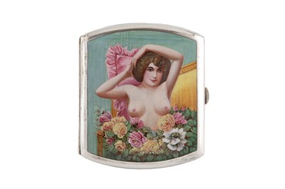 Lot 21 - An early 20th century Alpaca and enamel erotic cigarette case