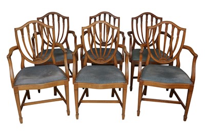 Lot 249 - A SET OF SIX PALE MAHOGANY HEPPLEWHITE STYLE ARMCHAIRS, 20TH CENTURY