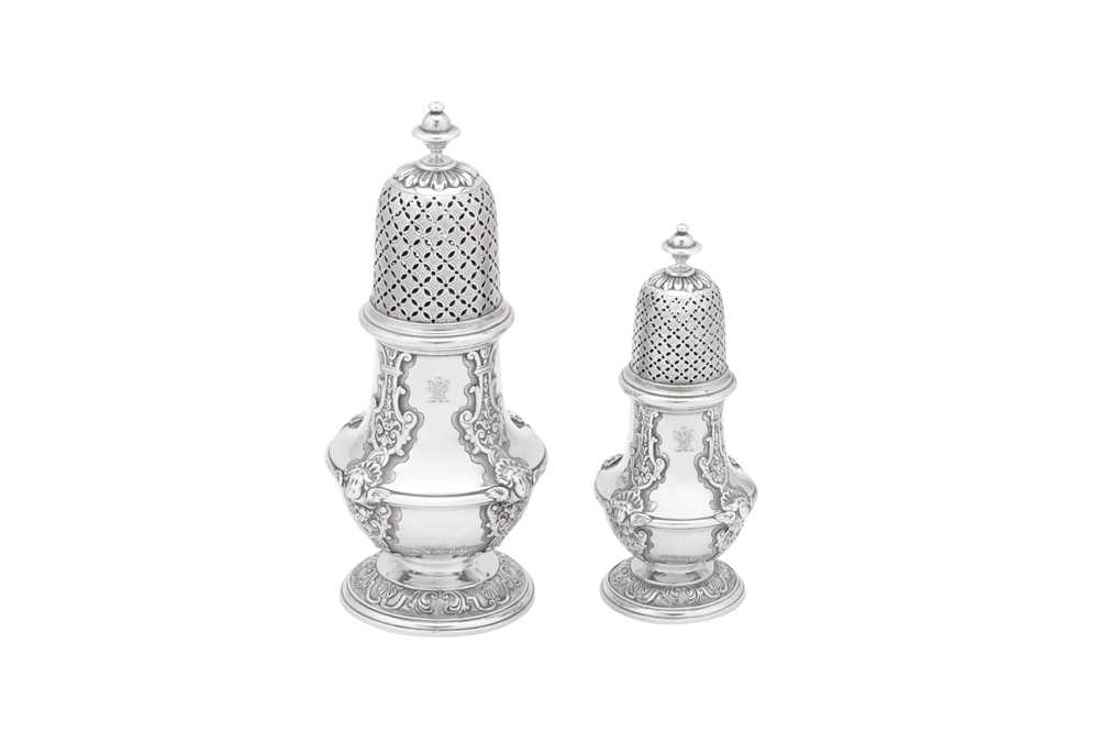 Lot 517 - A heavy graduated set of George II sterling silver casters, London 1736 by Paul Crespin