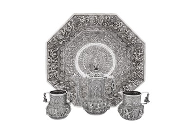 Lot 93 - A fine and rare early 20th century Burmese silver three-piece coffee set on tray, Rangoon dated 1907