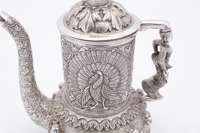 Lot 93 - A fine and rare early 20th century Burmese silver three-piece coffee set on tray, Rangoon dated 1907