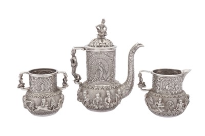 Lot 93 - A fine and rare early 20th century Burmese silver three-piece coffee set on tray, Rangoon dated 1907