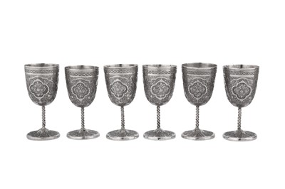 Lot 376 - SIX SMALL SILVER DRINKING CUPS AND A SILVER ENGRAVED EWER