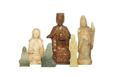 Lot 578 - A GROUP OF SIX CHINESE BUDDIST HARDSTONE FIGURES.