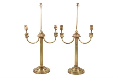 Lot 191 - A PAIR OF BRASS TWO LIGHT LAMPS, CONTEMPORARY