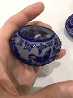 Lot 717 - TWO CHINESE PEKING GLASS BLUE OVERLAY WASHERS.