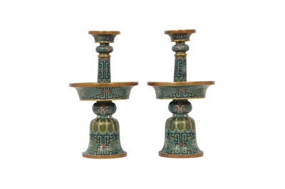 Lot 525 - A PAIR OF CHINESE CLOISONNÉ ENAMEL 'LAO TIANLI' CANDLESTICKS.