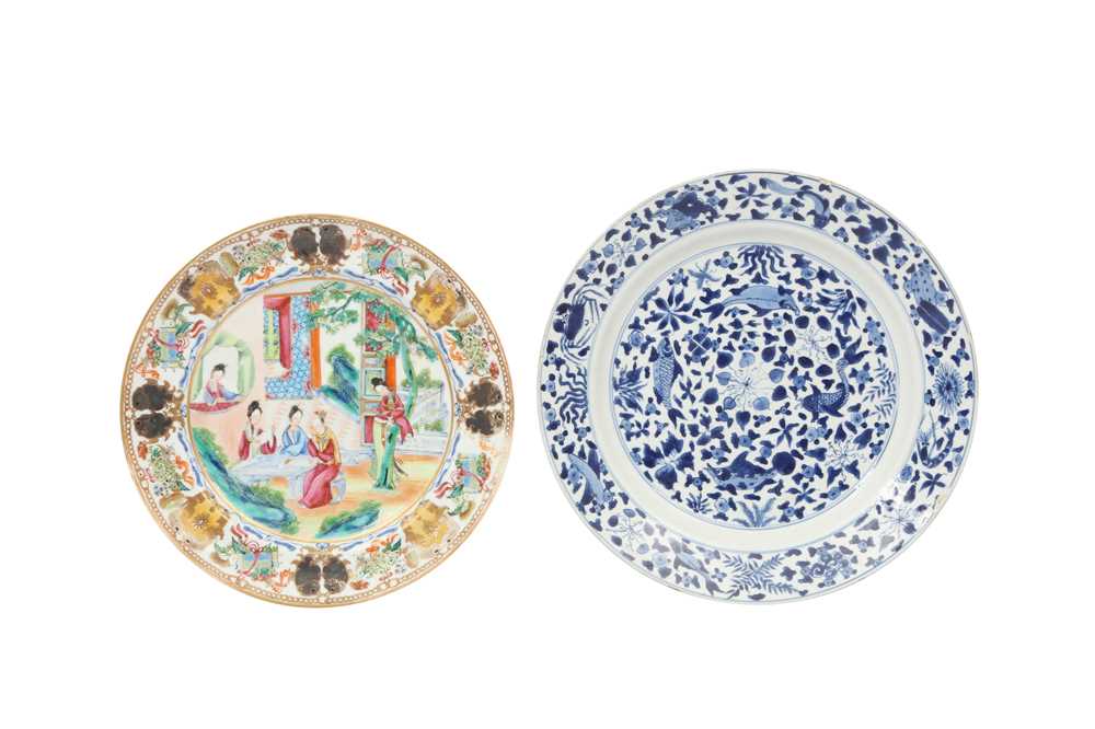 Lot 355 - A CHINESE BLUE AND WHITE DISH AND A CANTON FAMILLE ROSE DISH.