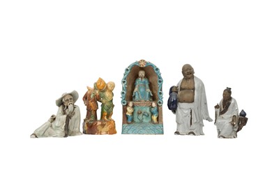 Lot 732 - A GROUP OF FIVE CHINESE GLAZED FIGURES.