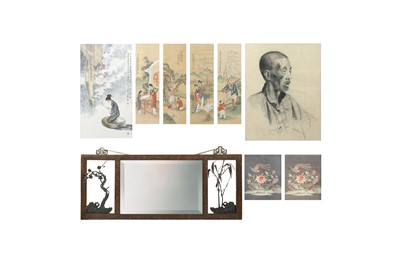 Lot 744 - A CHINESE MIRROR AND EIGHT FRAMED PAINTINGS AND TEXTILES.