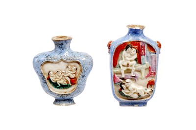 Lot 1035 - TWO CHINESE MOULDED FAMILLE ROSE SNUFF BOTTLES