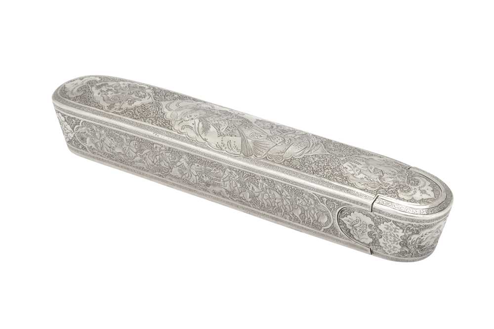 Lot 379 - AN ENGRAVED SILVER PEN CASE (QALAMDAN) WITH SILVER INKWELL (DAWAT)