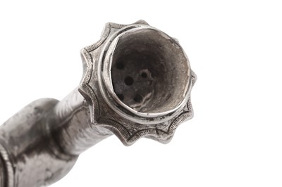 Lot 279 - AN OTTOMAN SILVER SMOKING PIPE WITH A HARDSTONE-SET MOUTHPIECE