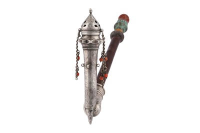 Lot 279 - AN OTTOMAN SILVER SMOKING PIPE WITH A HARDSTONE-SET MOUTHPIECE