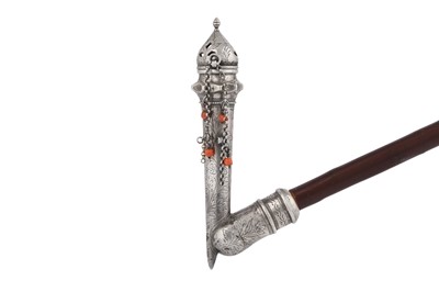 Lot 279 - AN OTTOMAN SILVER SMOKING PIPE WITH A HARDSTONE-SET MOUTHPIECE