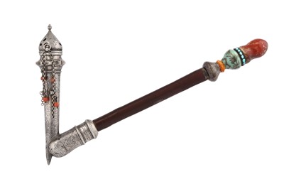 Lot 279 - AN OTTOMAN SILVER SMOKING PIPE WITH A HARDSTONE-SET MOUTHPIECE