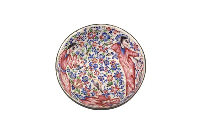 Lot 421 - A SMALL QAJAR POLYCHROME-PAINTED ENAMELLED COPPER BOWL