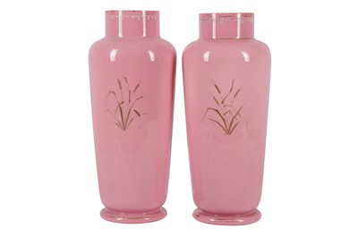 Lot 801 - A PAIR OF CONTINENTAL PINK OPALINE GLASS AND ENAMELLED VASES, 19TH CENTURY