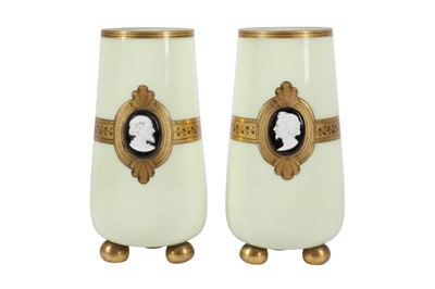 Lot 208 - A PAIR OF FRENCH CREAM OPALINE GLASS AND GILT VASES, 19TH CENTURY