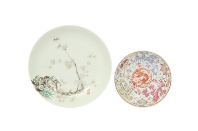 Lot 353 - A CHINESE 'PRUNUS' DISH AND A 'DRAGON AND PHOENIX' SAUCER.