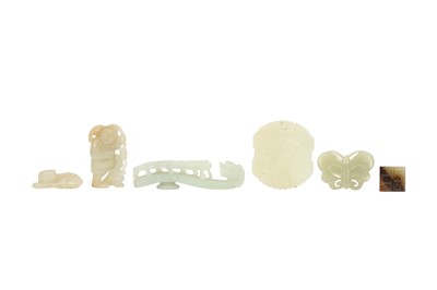 Lot 183 - A SMALL GROUP OF CHINESE PALE CELADON JADE CARVINGS.