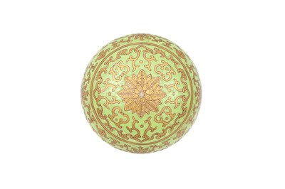 Lot 651 - A CHINESE CIRCULAR LIME GREEN-GROUND 'LOTUS' BOX AND COVER