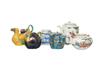 Lot 599 - SIX CHINESE TEAPOTS AND FIVE COVERS.