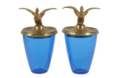Lot 205 - A PAIR OF FRENCH GILT METAL AND BLUE GLASS CACHE POTS, LATE 19TH CENTURY AND LATER