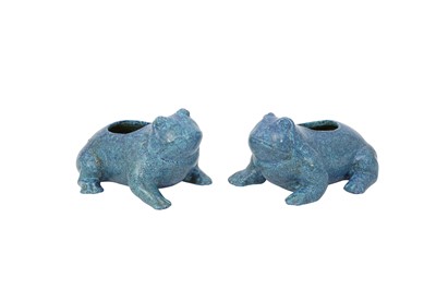 Lot 449 - A PAIR OF CHINESE ROBIN'S EGG-GLAZED 'FROG' WATER DROPPERS.