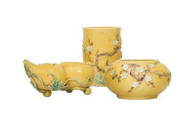 Lot 130 - THREE CHINESE BISCUIT YELLOW-GLAZED PIECES.