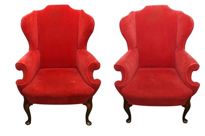 Lot 139 - A PAIR OF GEORGE III STYLE WING BACK ARMCHAIRS, EARLY 20TH CENTURY