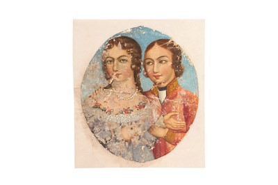 Lot 401 - A QAJAR OVAL PORTRAIT OF A YOUNG COUPLE