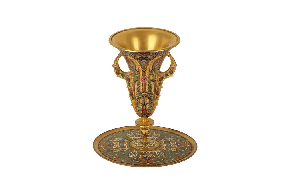 Lot 32 - FERDINAND BARBEDIENNE, A CHAMPLEVE ENAMELLED FOOTED CUP, LATE 19TH CENTURY