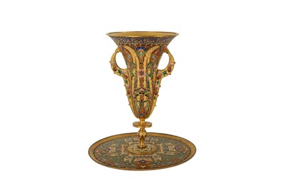 Lot 32 - FERDINAND BARBEDIENNE, A CHAMPLEVE ENAMELLED FOOTED CUP, LATE 19TH CENTURY