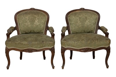 Lot 247 - A PAIR OF FRENCH LOUIS XV STYLE OAK FAUTEUIL ARMCHAIRS