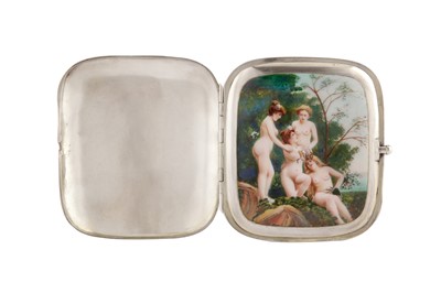 Lot 1043 - AN EARLY 20TH CENTURY GERMAN SILVER AND ENAMEL EROTIC CONCEALED CIGARETTE CASE, PFORZHEIM BY LOUIS KUPPENHEIM