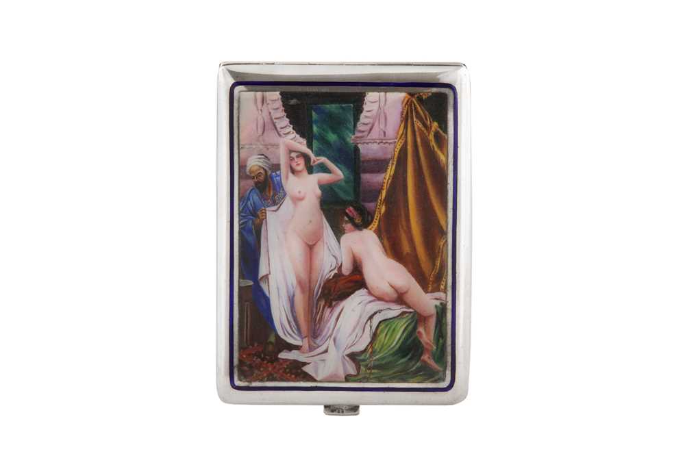 Lot 1041 - AN EARLY 20TH CENTURY AUSTRIAN 900 STANDARD SILVER AND ENAMEL EROTIC CIGARETTE CASE, VIENNA CIRCA 1910 BY GEORG LIPPA