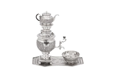 Lot 165 - A mid-20th century Iranian (Persian) silver small samovar set on stand, Isfahan circa 1950 mark of Abbas Parvaresh retailed by Jahrami