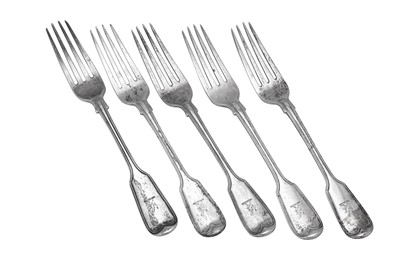Lot 297 - Five Victorian sterling silver table forks, London 1844 by messrs Savory